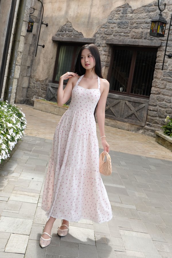 Soleira Floral Padded Midi Dress (Pink Blush Floral)