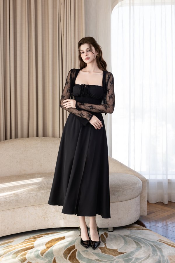 Madilyn Ribbon Tie Back Midi Dress V2 (Black Solid) Madilyn Ribbon Tie Back Midi Dress V2 (Black Solid)