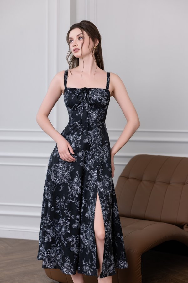 Madilyn Ribbon Tie Back Midi Dress V2 (Black Floral)