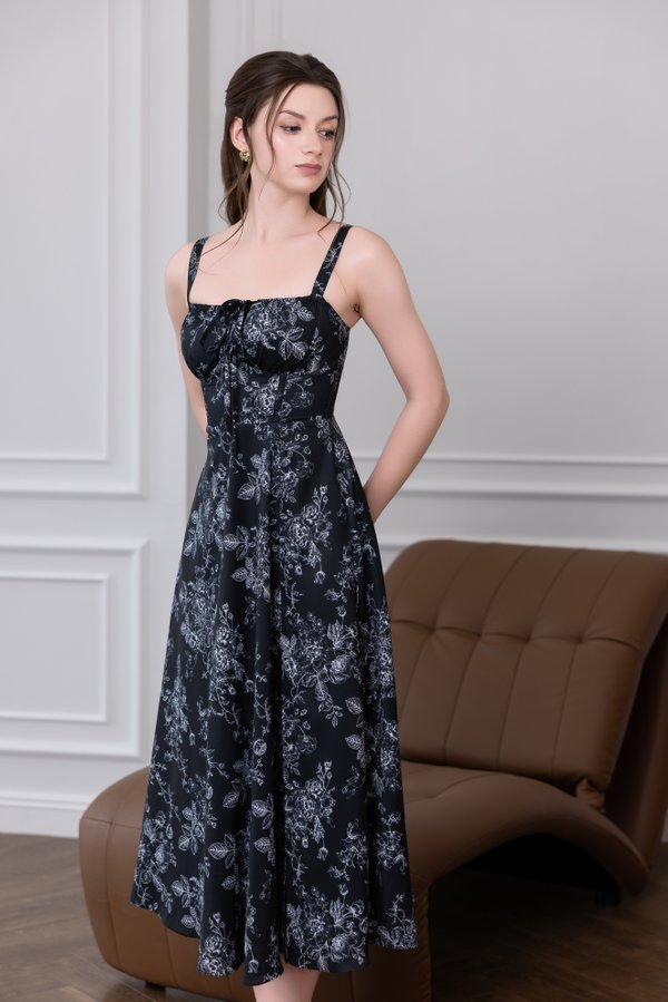 Madilyn Ribbon Tie Back Midi Dress V2 (Black Floral)