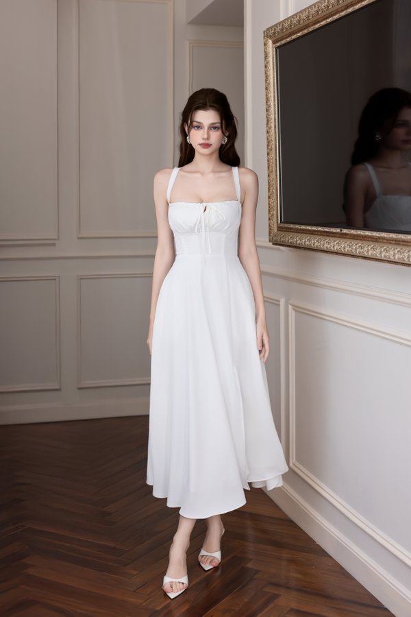 Madilyn Ribbon Tie Back Midi Dress V2 (White Solid)