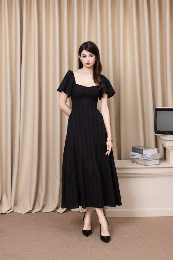 Luciana Bustier Flutter Sleeve Dress (Black Solid)