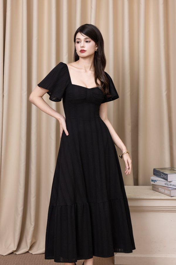 Luciana Bustier Flutter Sleeve Dress (Black Solid)
