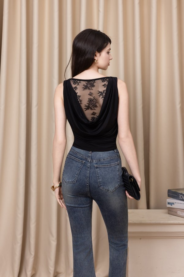 Soreen Cowl Neck Lace Back Padded Top (Black)