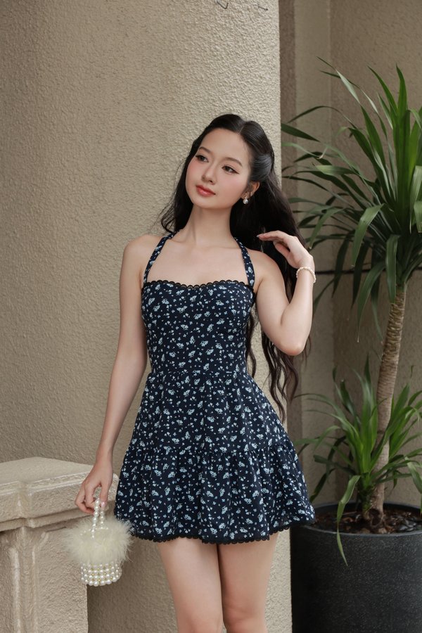 Seorena Lace Halter Padded Dress V2 (Navy Floral) Seorena Lace Halter Padded Dress V2 (Navy Floral)