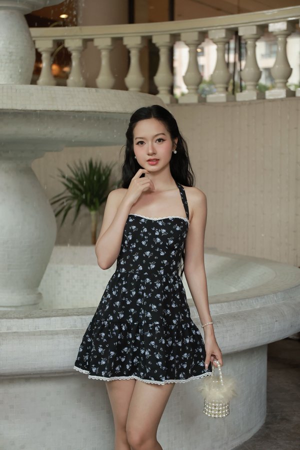 Seorena Lace Halter Padded Dress V2 (Black Floral White Lace)