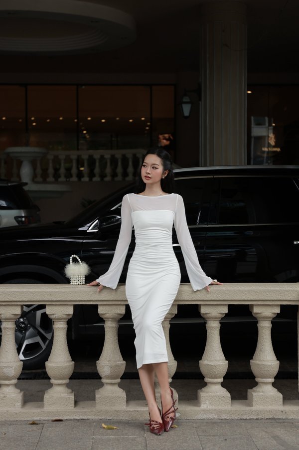 Millie Mesh Long Sleeves Midi Dress (White) Millie Mesh Long Sleeves Midi Dress (White)