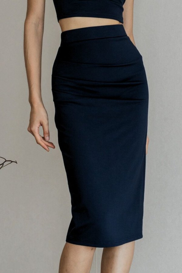 *Luxe* Shayla Ruched Midi Skirt (Midnight)