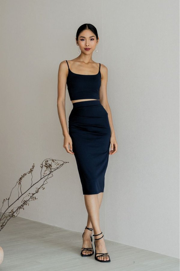 *Luxe* Shayla Ruched Midi Skirt (Midnight)
