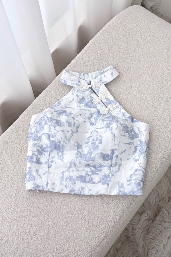 [DEFECT] Ying Floral Padded Qipao Top (Blue Floral, S)