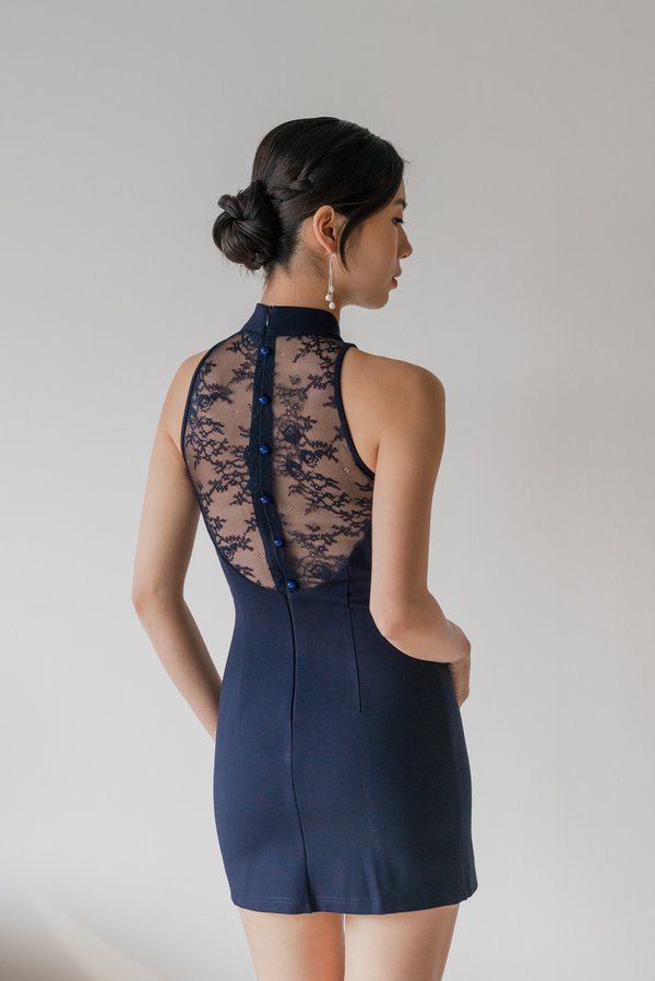 [DEFECT] *Premium Luxe* Yuan Lace Back Padded Mini Qipao (Navy)