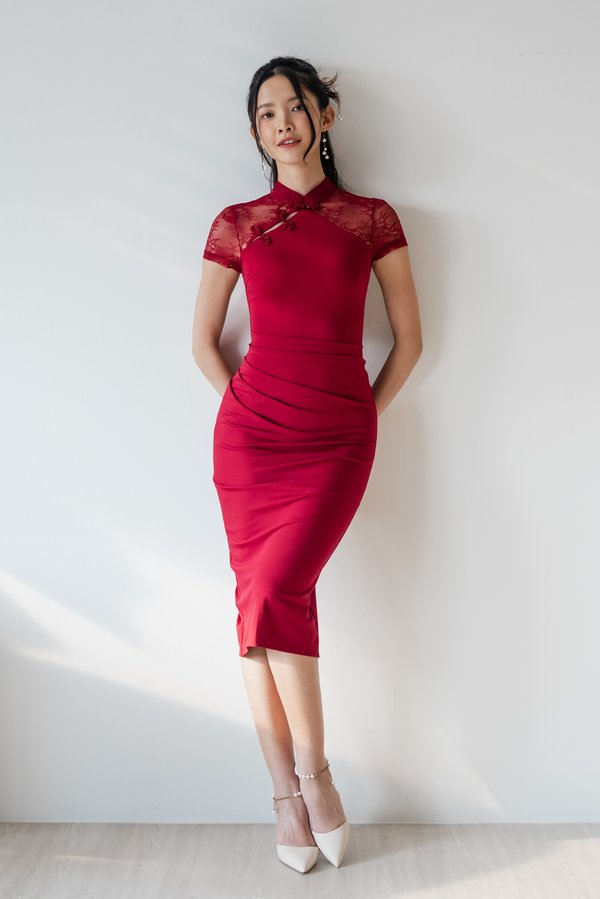 [DEFECT] *Luxe* Ning Padded Lace Midi Qipao (Red, XXS)