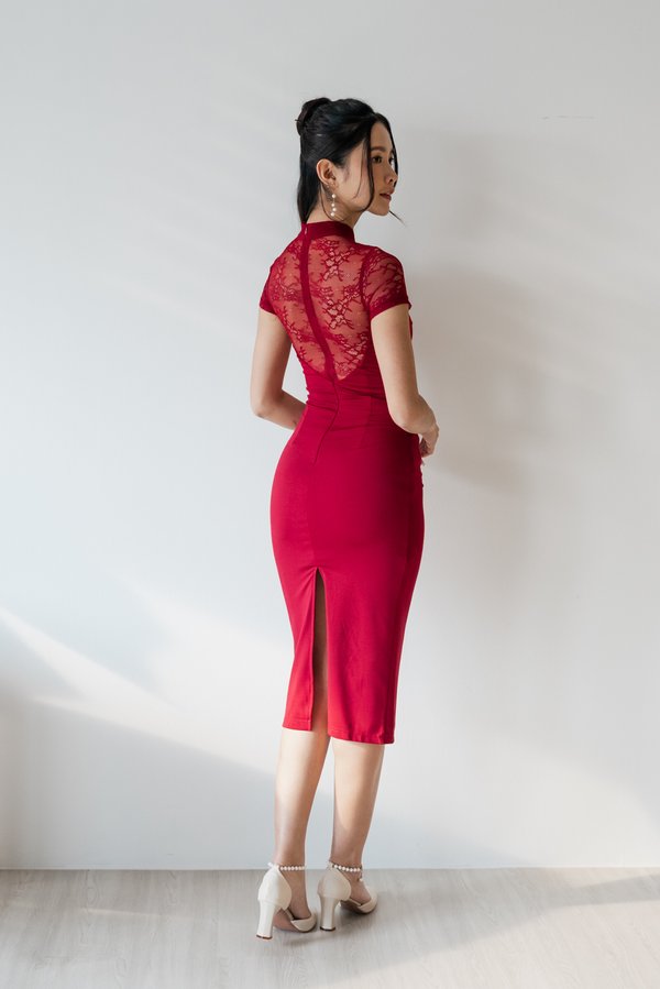 [DEFECT] *Luxe* Ning Padded Lace Midi Qipao (Red, XXS)