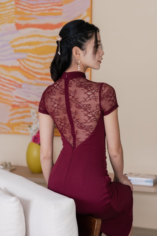 [DEFECT] *Luxe* Ning Padded Lace Midi Qipao (Maroon, XS)