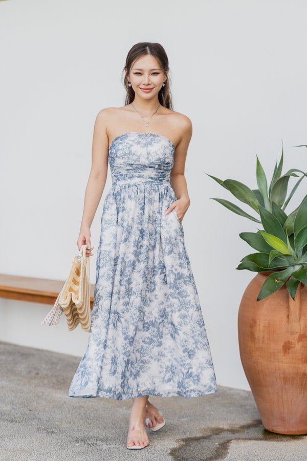 [DEFECT] Edith Ruched Midi Dress (Blue Grey Floral, XXS)