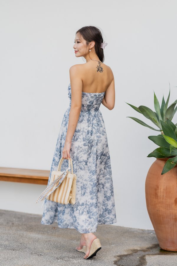 [DEFECT] Edith Ruched Midi Dress (Blue Grey Floral, XXS)