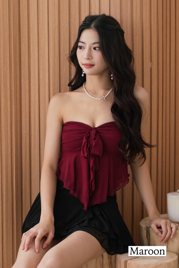 [DEFECT] Hera Mesh Self Tie Padded Tube Top (Maroon, S)
