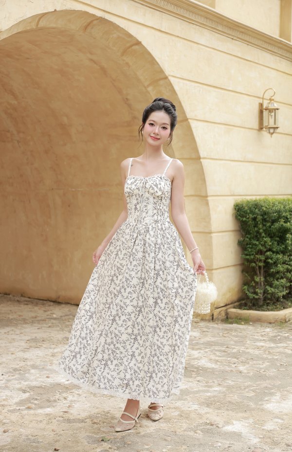 [DEFECT] Angelina Padded Bustier Lace Maxi Dress (Cream Black Floral, XXS)