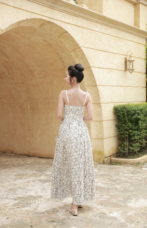 [DEFECT] Angelina Padded Bustier Lace Maxi Dress (Cream Black Floral, XXS)