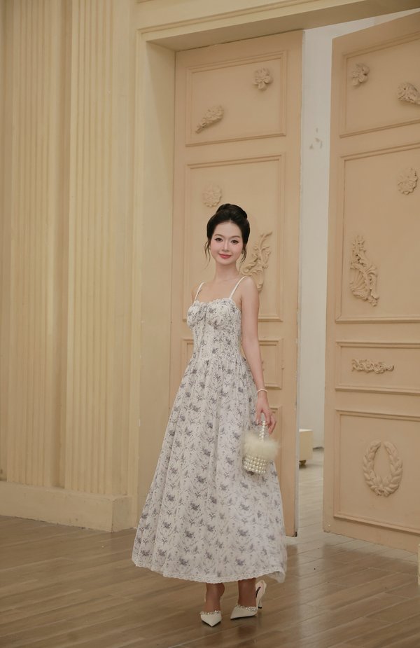 [DEFECT] Angelina Padded Bustier Lace Maxi Dress (Grey Blue Floral, XL)