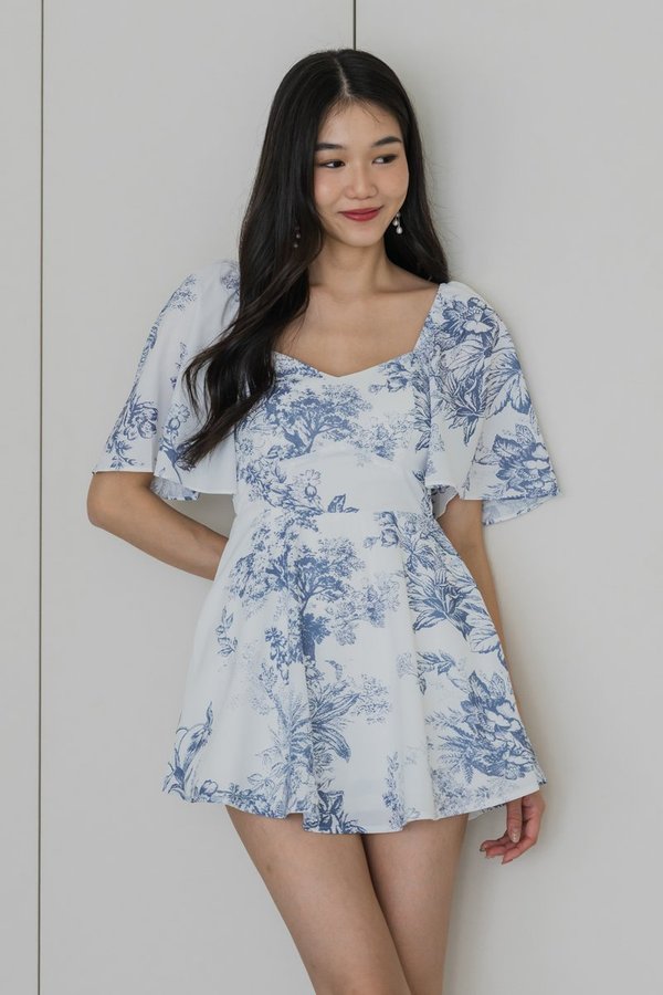 [DEFECT] Yasmin Sleeved Floral Padded Romper Dress (Yale Blue Floral, XXS)