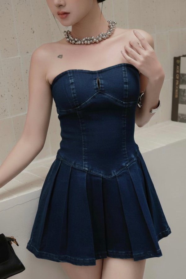 Zoila Denim Pleated Padded Romper Dress