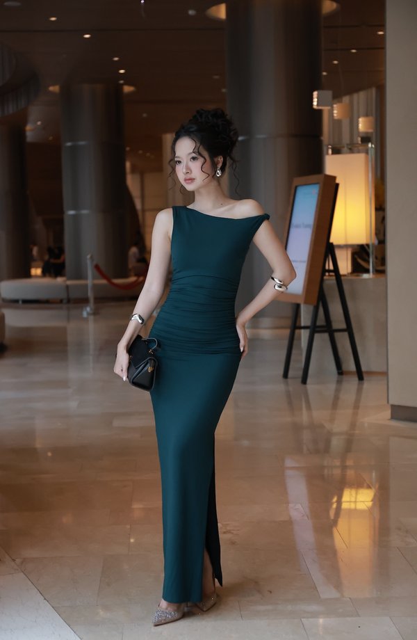 [DEFECT] Kora One Off Shoulder Padded Maxi Dress (Dark Teal, S)