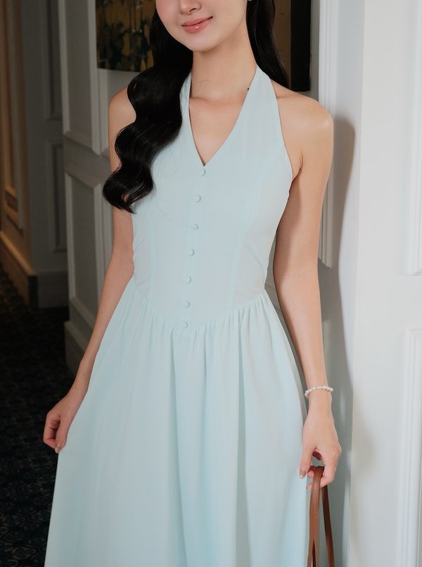 Sofia Halter Button Padded Midi Dress
