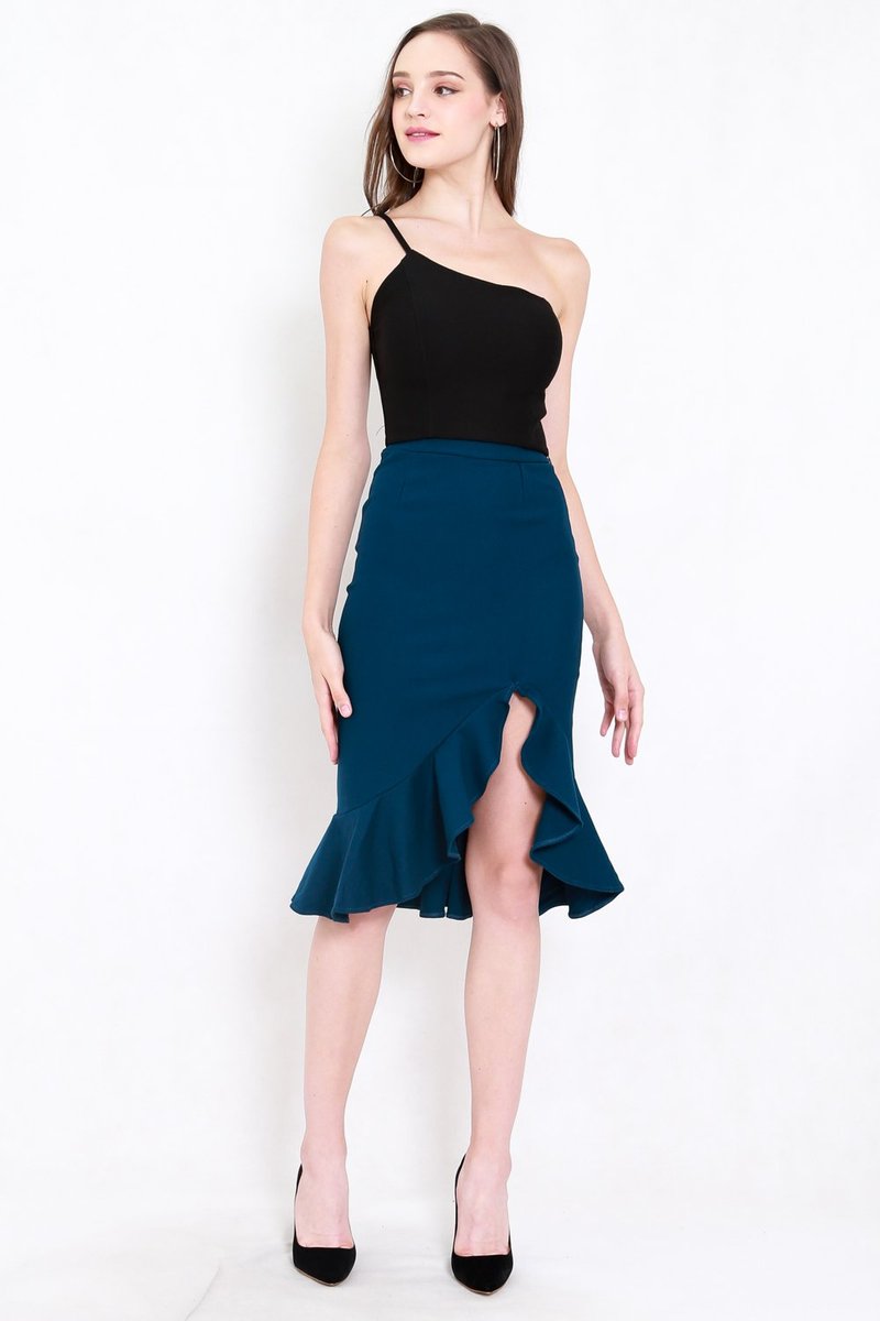 *Premium* Ruffle Slit Midi Skirt (Teal) | Carrislabelle
