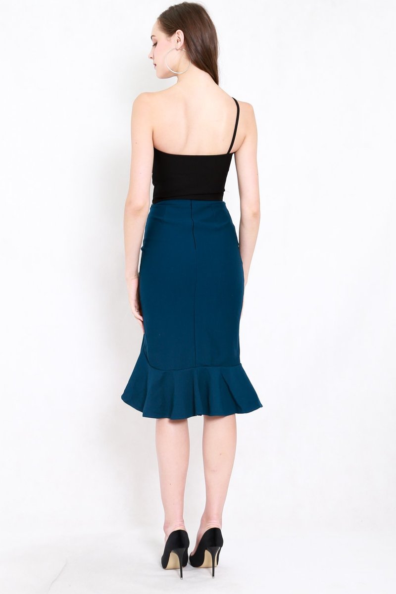 *Premium* Ruffle Slit Midi Skirt (Teal) | Carrislabelle