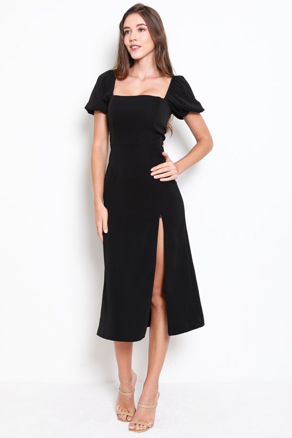 Square Neck Bubble Sleeve Dress (Black)