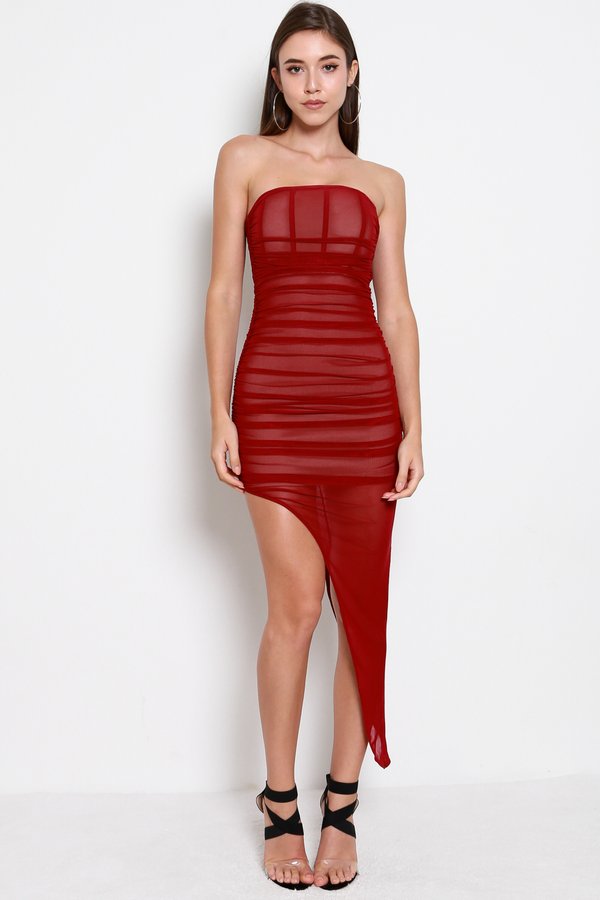 Emily Asymmetrical Mesh Dress (Red)