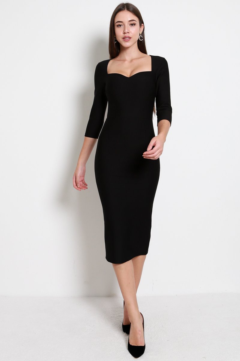 Premium* Queenie Sleeved Midi Dress (Black)