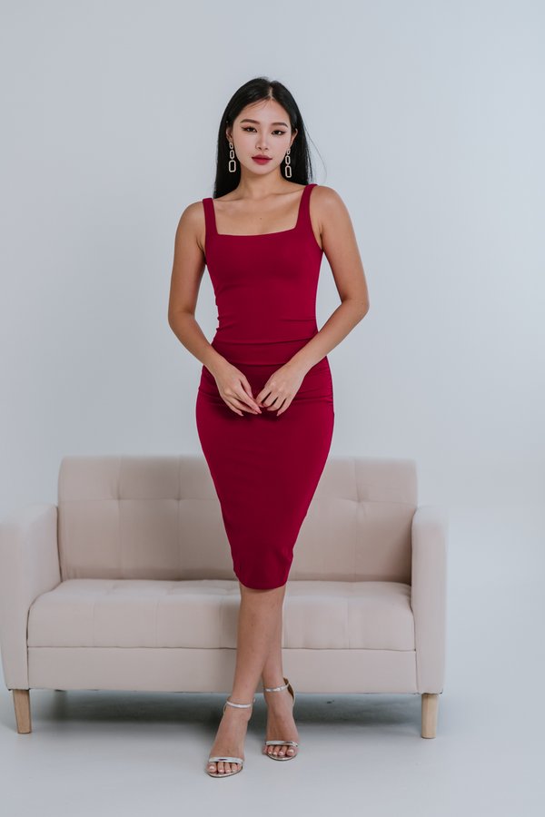 *Luxe* Vonda Square Neck Ruch Dress (Magenta) 